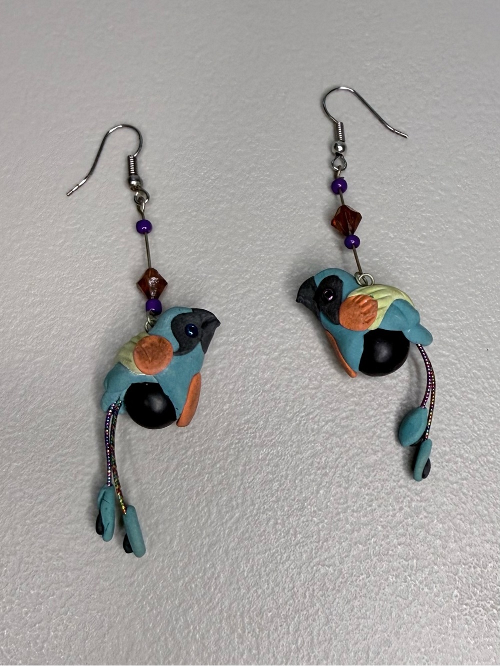 Handmade Polymer Clay Blue Bird Dangle Earrings Artisan Beaded Lightweight Cute